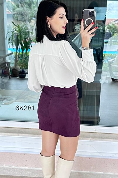 İnce Topuk Leather Paneled Suede Skirt 6K281