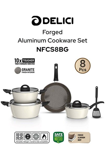 DELICI 8-Piece Nonstick Forged Cookware Set | NFCS8BG | Beige & Brown