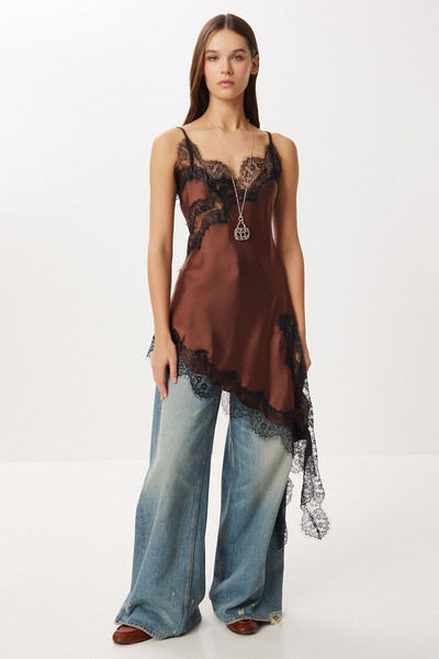 Lovelyİstanbul Asymmetrical Satin Surface Lace Dress Lfn0140 Brown