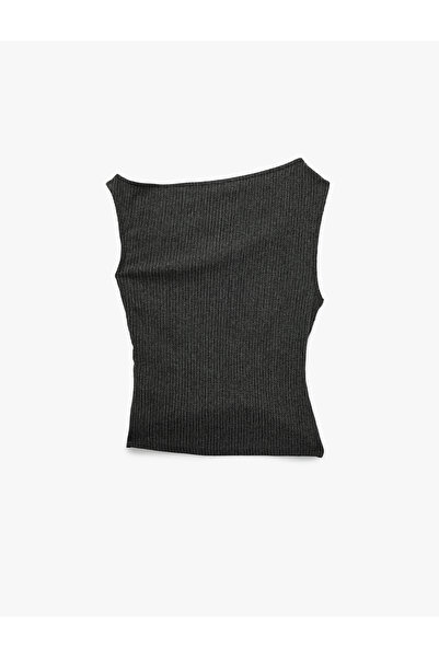 Koton Viscose Blend Drape Detailed Textured Asymmetrical Neckline Sleeveless Blouse