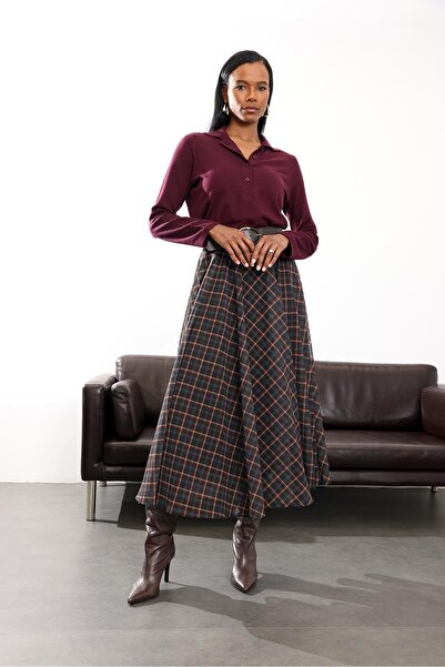 5in1Canpolat Black Plaid Chiffon Maxi Skirt 0613