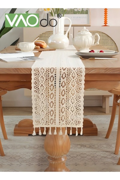 VAODO مفرش طاولة مجوف مصنوع يدويًا من مادة البوليستر والقطن مناسب لطاولة الشاي مقاس كبير