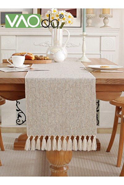 VAODO مفارش طاولة من الكتان القطني المضفر، مفرش طاولة طويل من الخيش الريفي، د...