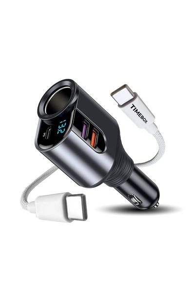 Timebox Pachet Auto: Încărcător auto 4 în 1 de 166 W (1 priză, 2 USB, 1 USB-C...