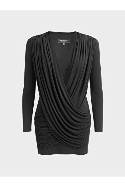 RİVUS Drape Detailed Long Sleeve V-Neck Mini Dress - Black