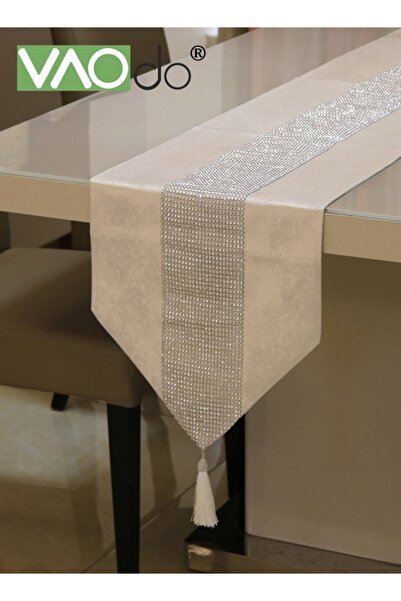VAODO Table Runner with Diamante Strip and Tassels Beige, Modern Luxury Deskt...