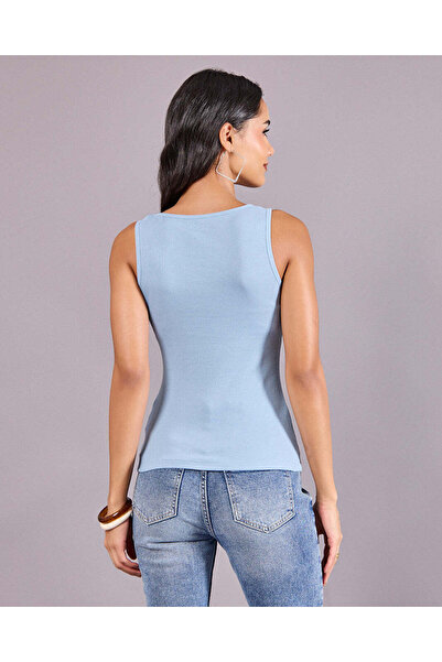 REDTAG Women Light Blue Ribbed Tank Top