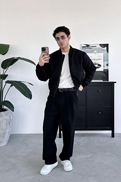 HAFKAGİYİM Black Bomber Jacket with Elastic Waist