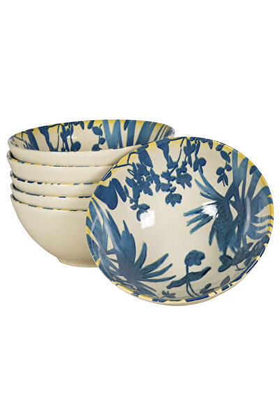 Cesiro Set of 6 bowls, 600 ml, Hawaii, Light cream with blue leaves