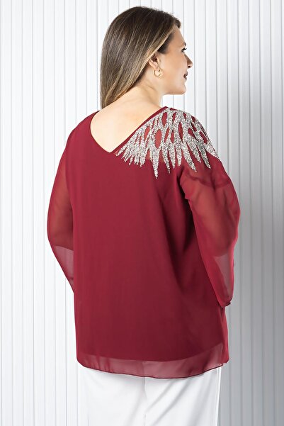 SUBU TASARIM One Shoulder Embroidered Chiffon Blouse Burgundy Tbs972