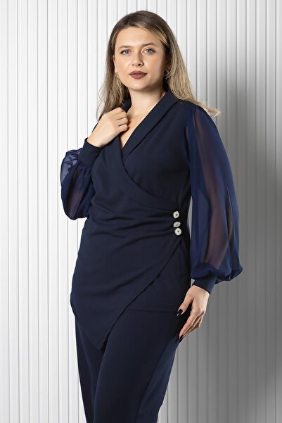 SUBU TASARIM Σετ μανίκια από σιφόν με λεπτομέρεια με κουμπιά Navy Blue TBS976