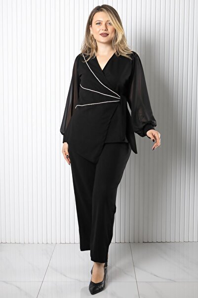 SUBU TASARIM διπλό πέτο Σετ μπλούζα και παντελόνι Μαύρο TBS964