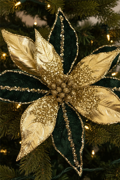 Brandsmiths Yeşil Altın Işıltılı Çiçek Ağaç Süsü