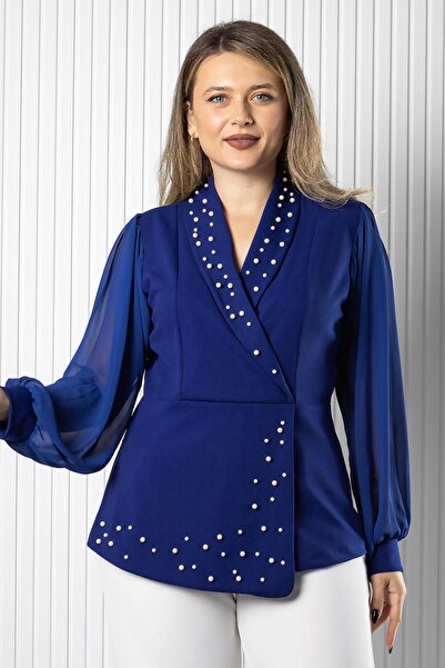 SUBU TASARIM Μπλούζα με μανίκια από σιφόν με λεπτομέρεια από πέρλες S μπλε κοβαλτίου TBS984