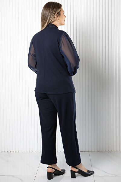 SUBU TASARIM Σετ μανίκια σιφόν διπλό πέτο τεμαχίων Navy Blue TBS966