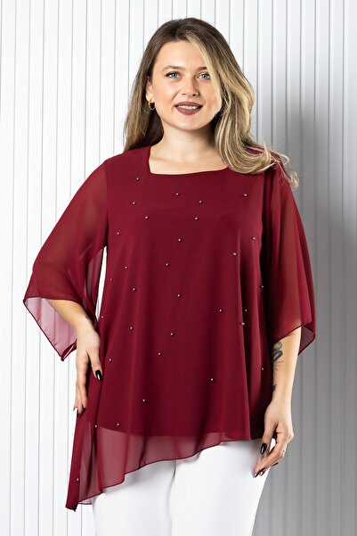 SUBU TASARIM Pearl Detailed Chiffon Blouse Burgundy Tbs974