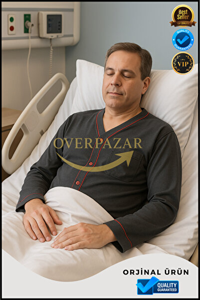 Overbazaar Men's Hospital Pajamas Buttoned Relaxed Fit Long Sleeve Grey Pajama Set