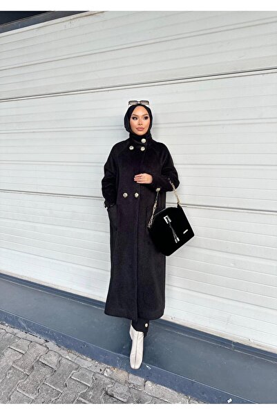 Minel Women's Black Long Buttoned Coat 01