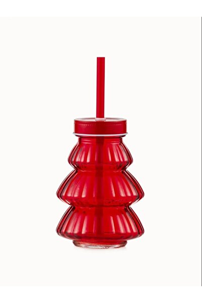 LC Waikiki Lcw Home Red Tree Figured Glass Cup with Straw 200 ml