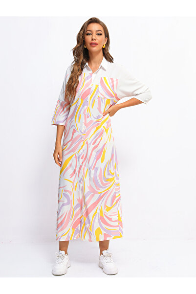 FridayIn فستان نسائي طويل فضفاض بنمط موجة لطيف