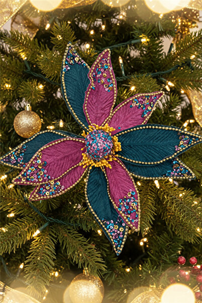 Brandsmiths Mor & Yeşil Payetli Çiçek Ağaç Süsü