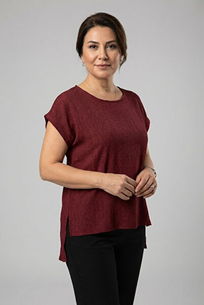 YXL COLLECTION Women's Plus Size Bruyuk Fabric Slit Detail Batwing Short Sleeve Loose Blouse Tunic