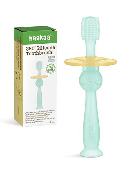 Haakaa فرشاة أسنان للأطفال من السيليكون بزاوية 360 درجة مع قاعدة شفط، لون أزرق