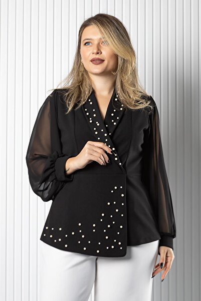 SUBU TASARIM Μπλούζα με μανίκια από σιφόν με λεπτομέρεια μαργαριταριού Μαύρο TBS984