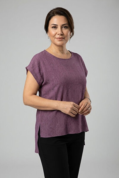 YXL COLLECTION Women's Plus Size Bruyuk Fabric Slit Detail Batwing Short Sleeve Loose Blouse Tunic