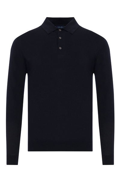 Germirli Navy Blue Buttoned Polo Collar Regular Fit Extra Fine Wool Men's Knitwear