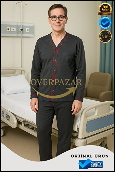 Overbazaar Men's Hospital Pajamas Buttoned Relaxed Fit Long Sleeve Grey Pajama Set