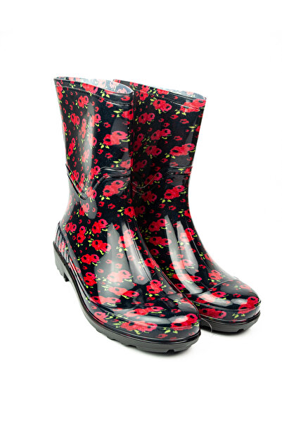 BABALİ 15101 Ulaş Κόκκινες κοντές γυναικείες μπότες βροχής με λουλούδια