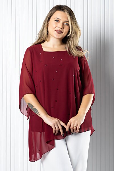 SUBU TASARIM Pearl Detailed Chiffon Blouse Burgundy Tbs974