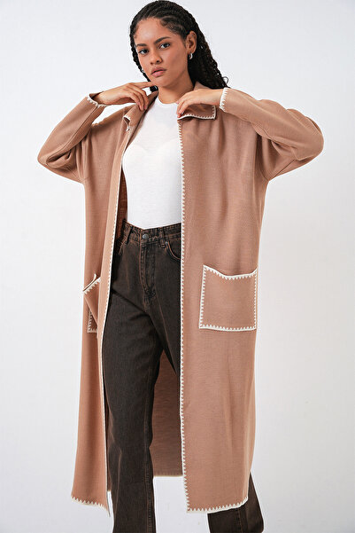 Bigdart Γυναικεία μακριά πλεκτή ζακέτα oversized 15962 - Camel