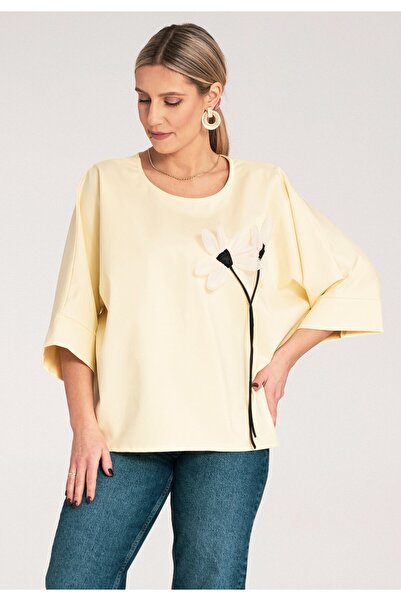 Figl Bluză cu floare - Bluză cu mâneci 3/4 - Bluză galbenă de damă M1118 anul...