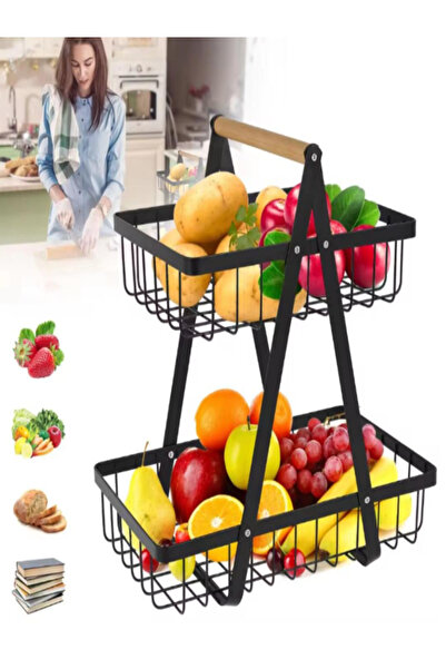 ROVERIM Fructieră Decorativă cu 2 Etaje pentru Fructe și Legume, Coș Metalic Etajat Modern pentru Bucătărie