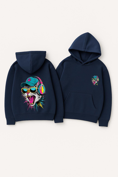 CLASSY.MODA سويت شيرت للجنسين بغطاء رأس قصة فضفاضة مطبوع – نيون كات ميكس أوفي...