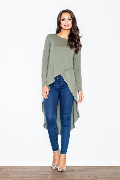 Figl Tunica asimetrică pentru femei - Bluză tunică asimetrică măslinie M412 mărimea S