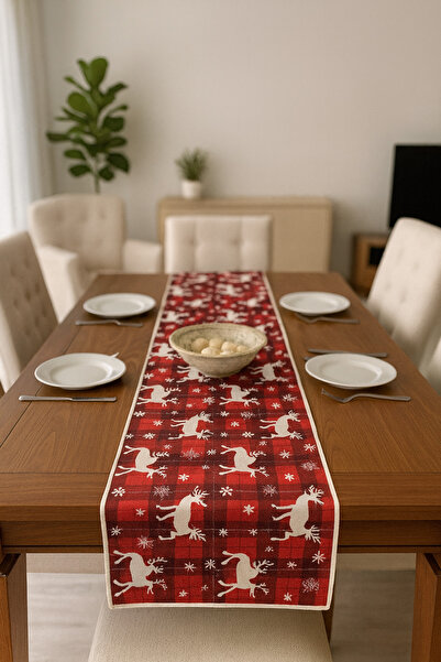 MODAFABRİK Christmas Deer Patterned Red Runner