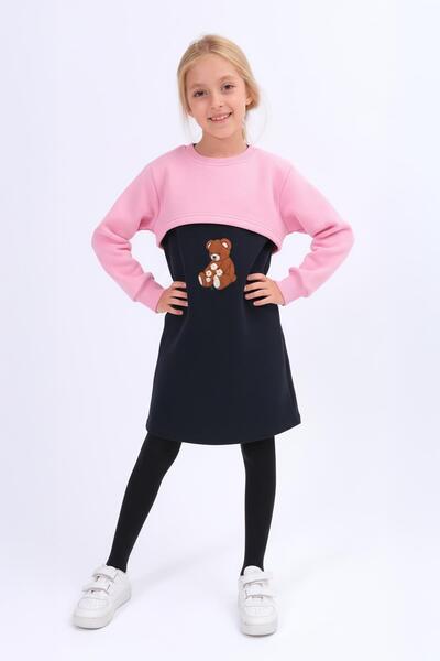 Perendi Girl's Teddy Bear Embroidered Dress and Crop Sweatshirt – Pink