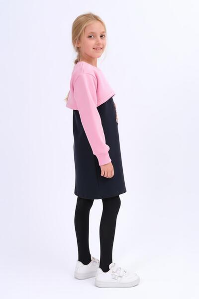 Perendi Girl's Teddy Bear Embroidered Dress and Crop Sweatshirt – Pink