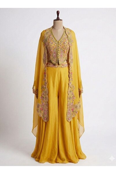 HashtagBe Yellow Embroidered Cape Palazzo Set