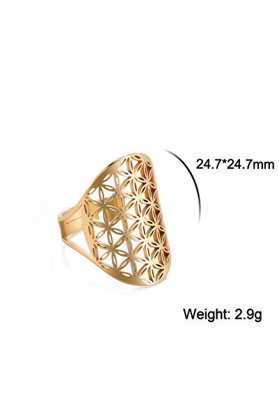 Choice خاتم زهرة الحياة المجوفة الكبيرة من الفولاذ المقاوم للصدأ الذهبي، خواتم هندسية مقدسة قابلة للتعديل للنساء والرجال J