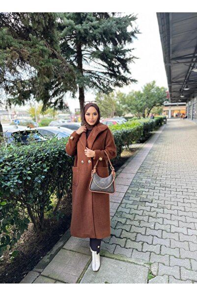Minel Women's Tan Long Buttoned Coat 01