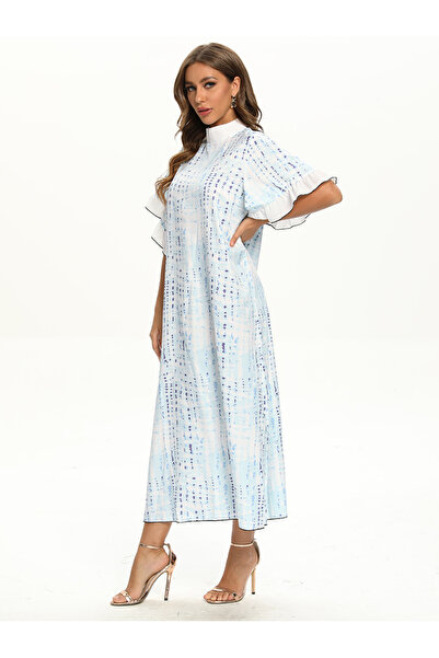 FridayIn Female Sweet High collar Printing Loose Long dress