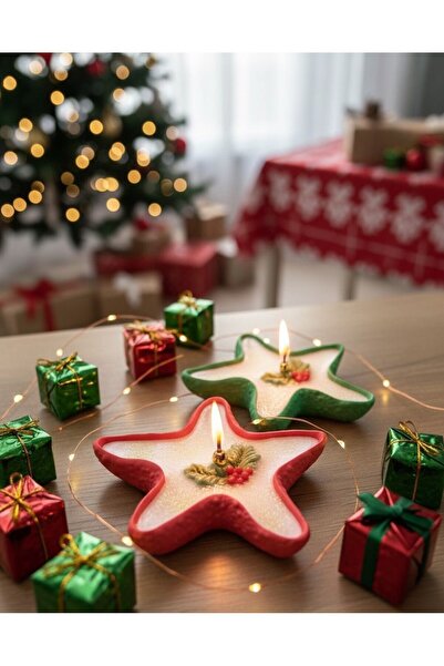 Handmade 2'li Yılbaşı / Noel Temalı Kırmızı & Yeşil Yıldız Mum Seti ( Sim ve ...