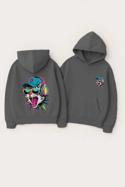 CLASSY.MODA سويت شيرت للجنسين بغطاء رأس قصة فضفاضة مطبوع – نيون كات ميكس أوفي...