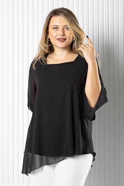 SUBU TASARIM Pearl Detailed Chiffon Blouse Black Tbs974