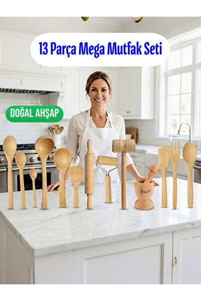 AHER Doğal Ahşap 13 Parça Mega Mutfak Seti | Metal Başlı Tokmak, Havan, Merda...