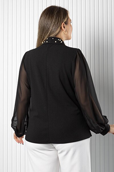 SUBU TASARIM Μπλούζα με μανίκια από σιφόν με λεπτομέρεια μαργαριταριού Μαύρο TBS984